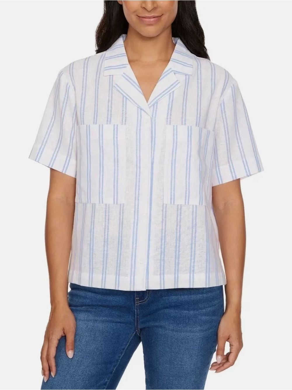NWT Buffalo David Bitton Linen Blend Short Sleeve Utility Top Blue